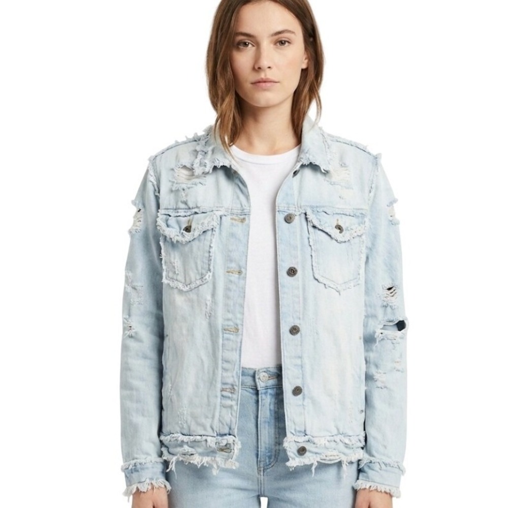 Vtg Focus Distressed Denim Medium Jacket Y2K Frayed Hem Womens Grunge Ripped 90s
